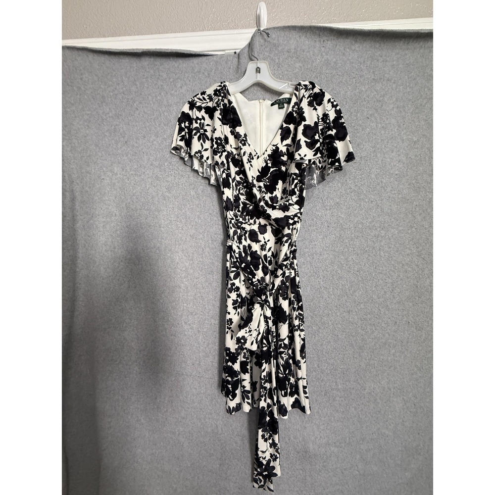 Lauren Ralph Lauren Dress Womens 2 White Floral‎ Wrap Flutter Sleeve Belted